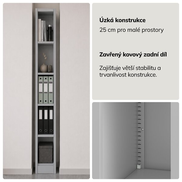 Úzký kovový archivační regál na dokumenty šedý, 250x1950x400 mm: TIM
