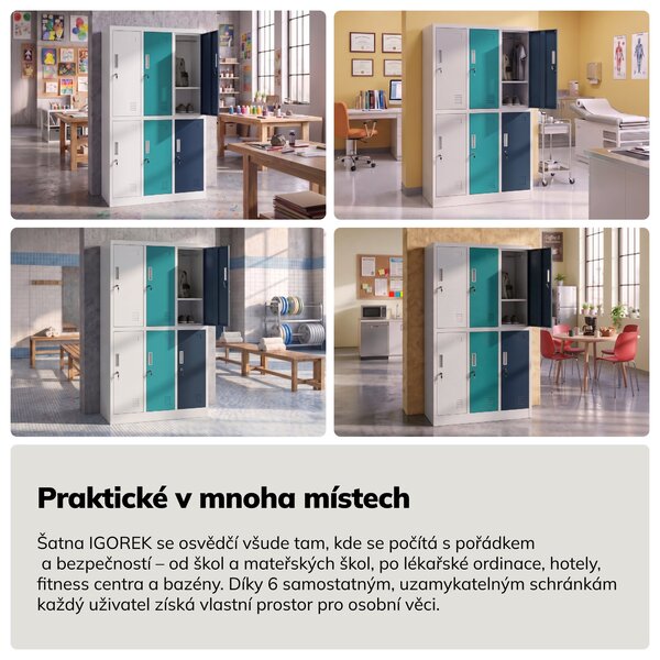Školní skříňka BOZP 6komorová šedo-modro-tmavomodrá, 900x1500x450 mm: IGOREK