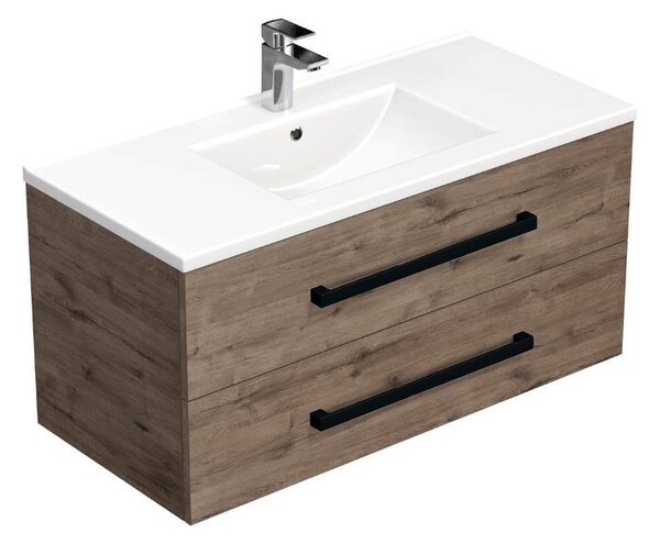 Koupelnová skříňka s černou úchytkou a umyvadlem SAT Cube Way 100x47,5x46 cm dub Wellington mat CUBE46C1002DWMOD