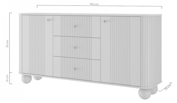Komoda Versper 160 cm - kašmírová / zlaté úchytky / kulaté nohy kašmír