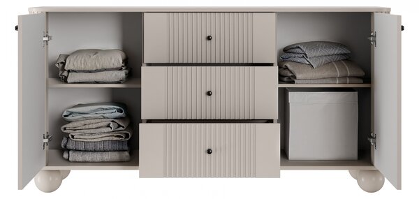 Komoda se zásuvkami Vesper 160 cm - kašmír / černé úchytky / kulaté nohy