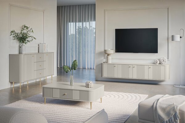 Závěsný TV stolek Vesper 4D 187 cm - kašmírový / zlaté úchytky