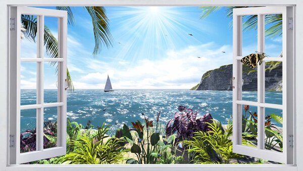 Fototapeta Okno s výhledem na oceán a plachetnici, 3D fototapety, Populární fototapety, u54608 - Tapeko.co.cz