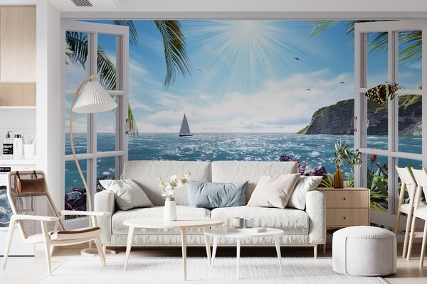 Fototapeta Okno s výhledem na oceán a plachetnici, 3D fototapety, Populární fototapety, u54608 - Tapeko.co.cz
