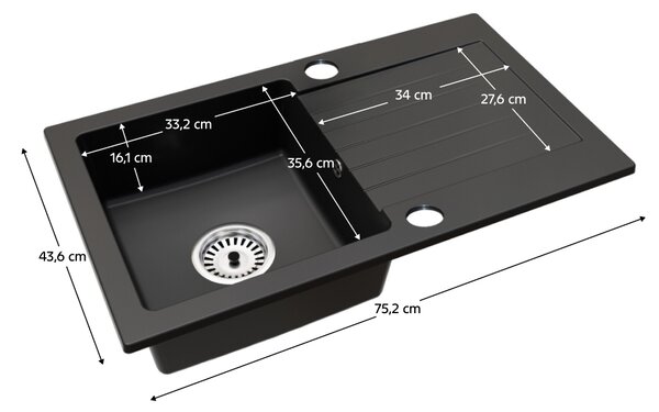 KONDELA Granitový dřez se sifonem a odkapávací plochou, univerzální, černá, 75,2x43,6, NOEL