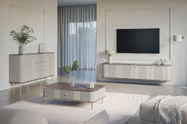 Konferenční stolek Vesper 103x60 cm s šuplíkem - kašmír / ořech / zlaté nohy