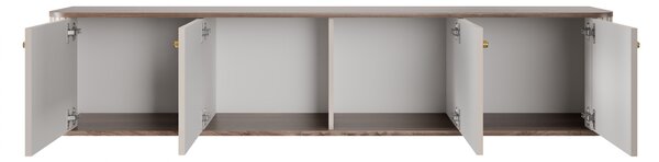 Závěsný TV stolek Vesper 4D 187 cm - kašmírový / dekor ořech / zlaté úchytky