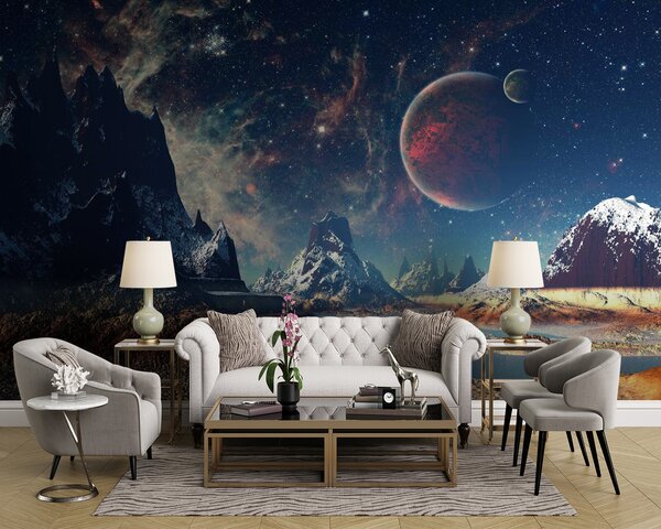 Fototapeta Krajina hor a vody s planetami a hvězdami, Designové fototapety na zeď, Populární fototapety, u55303 - Tapeko.co.cz