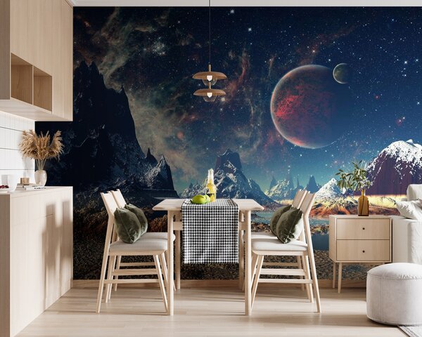 Fototapeta Krajina hor a vody s planetami a hvězdami, Designové fototapety na zeď, Populární fototapety, u55303 - Tapeko.co.cz