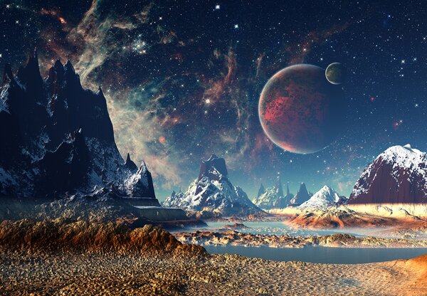 Fototapeta Krajina hor a vody s planetami a hvězdami, Designové fototapety na zeď, Populární fototapety, u55303 - Tapeko.co.cz