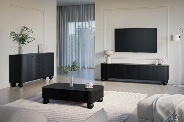 Moderní TV skříňka Vesper 187 cm - černá / černé úchyty / kulaté nohy