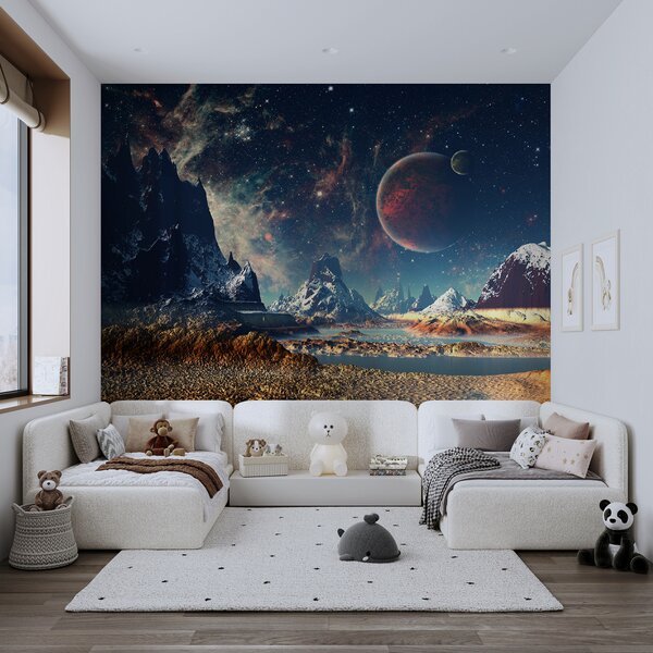 Fototapeta Krajina hor a vody s planetami a hvězdami, Designové fototapety na zeď, Populární fototapety, u55303 - Tapeko.co.cz