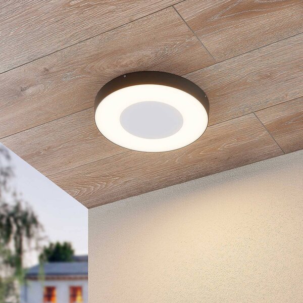Lucande LED venkovní stropní svítidlo Sora, kulaté, senzor, IP54, Hliník / šedá / zinek, Hliník, Moderní