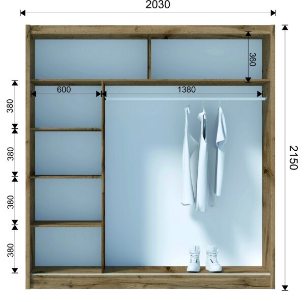 Šatní skříň se zrcadlem SABRINA 203x215x61 cm dub woltan