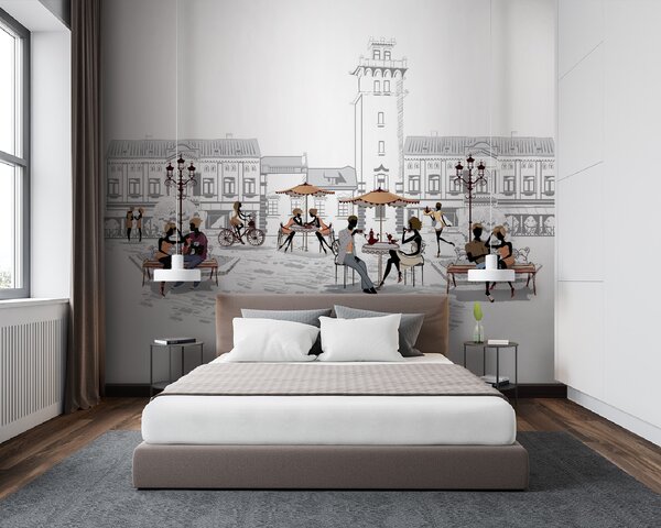 Fototapeta Skupina lidí sedících na lavičkách ve městě, Designové fototapety na zeď, Populární fototapety, u56109 - Tapeko.co.cz