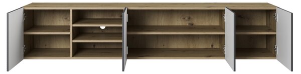 Závěsná TV skříňka Asha 200 cm s drážkovaným čelem a výklenkem - dub artisan / rivier stone mat