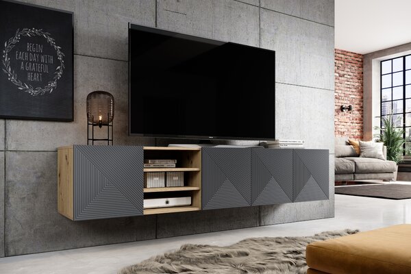 Závěsná TV skříňka Asha 200 cm s drážkovaným čelem a výklenkem - dub artisan / rivier stone mat