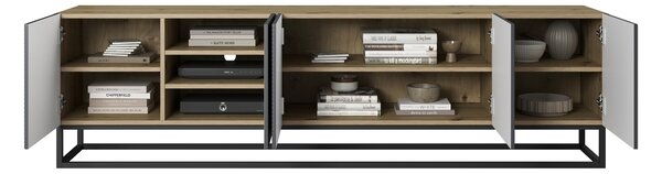 TV stolek Asha 200 cm s rýhovaným čelem a kovovým rámem - dub artisan / rivier stone mat