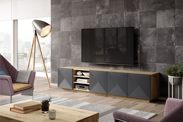 TV stolek Asha 200 cm s drážkovanými dvířky a otevřenou přihrádkou - dub artisan / rivier stone mat