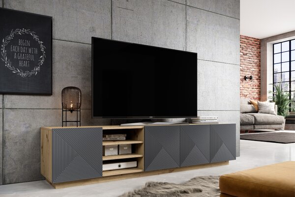 TV stolek Asha 200 cm s drážkovanými dvířky a otevřenou přihrádkou - dub artisan / rivier stone mat