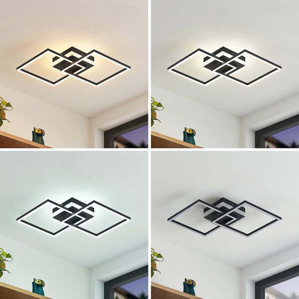 Lindby LED stropní svítidlo Fjardo, hranaté, černé, dálkové ovládání, stmívatelný, Černá, Obývací pokoj / jídelna, Hliník, Moderní