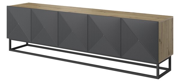TV stolek Asha 200 cm s rýhovaným čelem a kovovým rámem - dub artisan / rivier stone mat