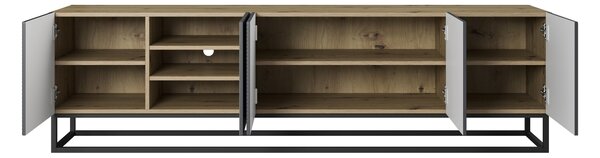TV stolek Asha 200 cm s rýhovaným čelem a kovovým rámem - dub artisan / rivier stone mat