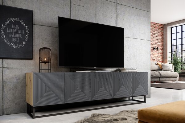 TV stolek Asha 200 cm s rýhovaným čelem a kovovým rámem - dub artisan / rivier stone mat