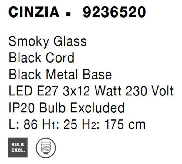 Nova Luce Závěsné svítidlo CINZIA kouřové sklo černý kabel černá kovová základna E27 3x12W