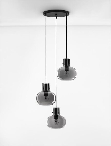 Nova Luce Závěsné svítidlo CINZIA kouřové sklo černý kabel černá kovová základna E27 3x12W