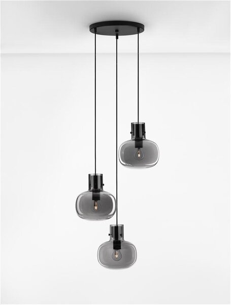 Nova Luce Závěsné svítidlo CINZIA kouřové sklo černý kabel černá kovová základna E27 3x12W