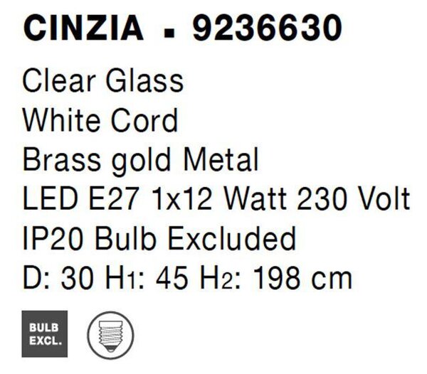 Nova Luce Závěsné svítidlo CINZIA čiré sklo bílá kabel mosazný zlatý kov E27 1x12W