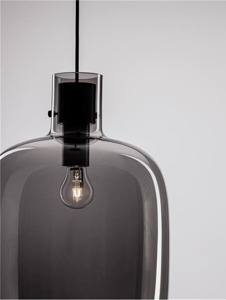 Nova Luce Závěsné svítidlo CINZIA kouřové sklo černý kabel černá kovová základna E27 1x12W