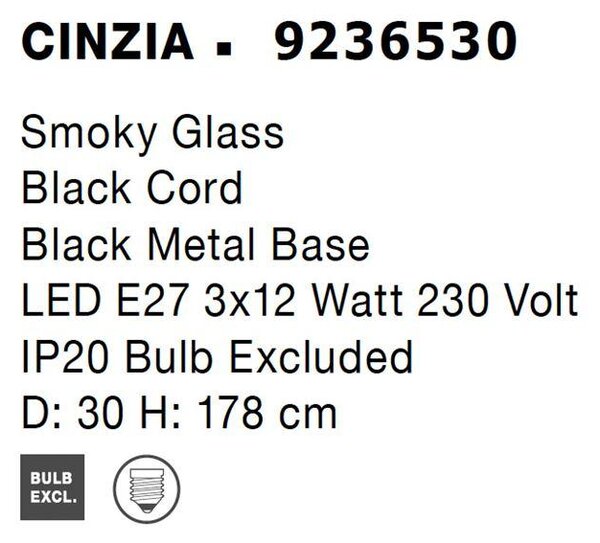Nova Luce Závěsné svítidlo CINZIA kouřové sklo černý kabel černá kovová základna E27 3x12W