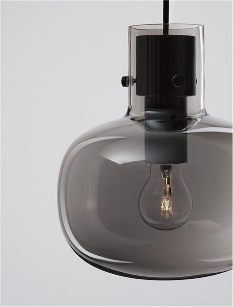 Nova Luce Závěsné svítidlo CINZIA kouřové sklo černý kabel černá kovová základna E27 1x12W