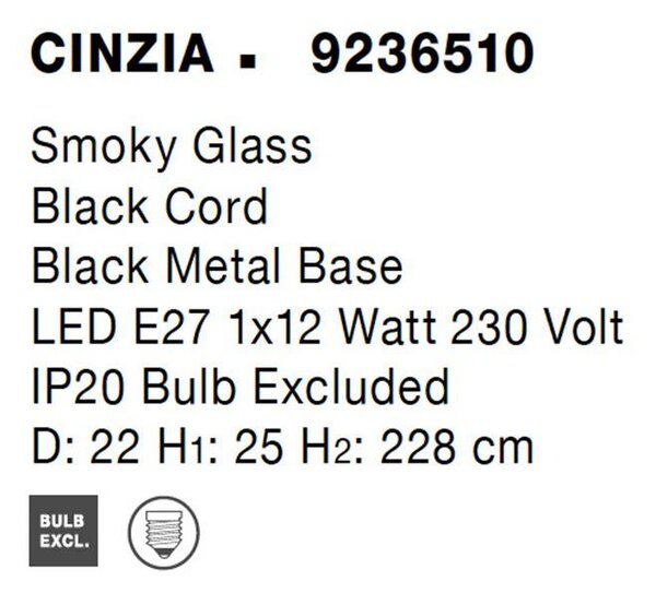 Nova Luce Závěsné svítidlo CINZIA kouřové sklo černý kabel černá kovová základna E27 1x12W