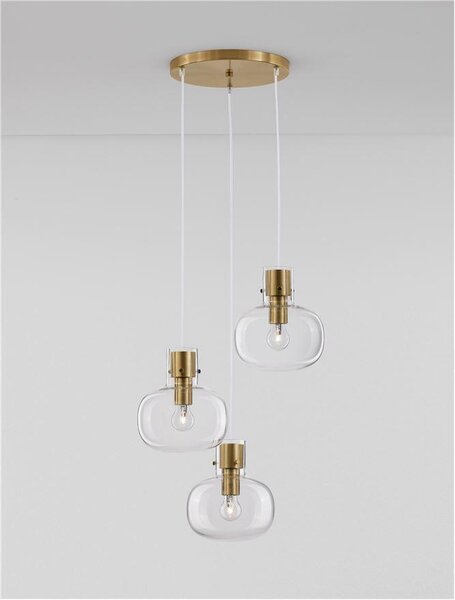 Nova Luce Závěsné svítidlo CINZIA čiré sklo bílá kabel mosazný zlatý kov E27 3x12W