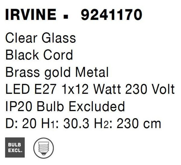 Nova Luce Závěsné svítidlo IRVINE čiré sklo černý kabel mosazný zlatý kov E27 1x12W