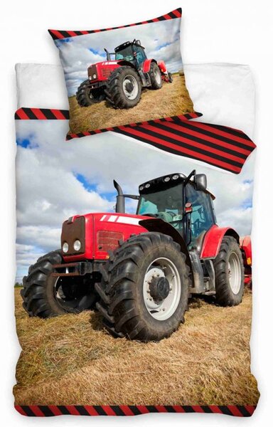 Bavlněné povlečení 140x200 + 70x90 cm - Červený traktor na poli