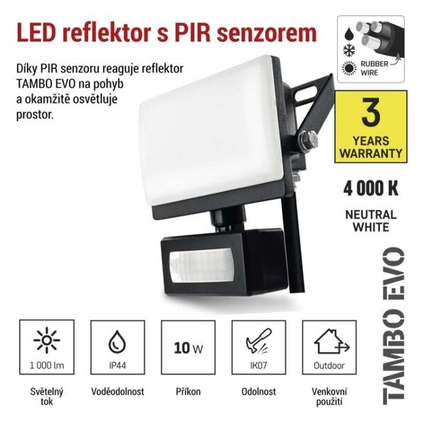 EMOS Lighting LED reflektor TAMBO EVO se senzorem pohybu, 10 W, 1000 lm, IP44, černý
