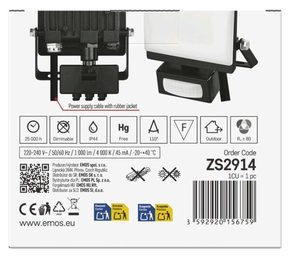 EMOS Lighting LED reflektor TAMBO EVO se senzorem pohybu, 10 W, 1000 lm, IP44, černý