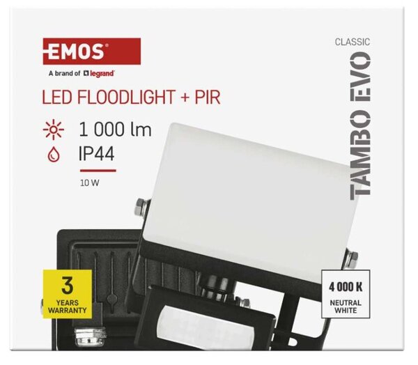 EMOS Lighting LED reflektor TAMBO EVO se senzorem pohybu, 10 W, 1000 lm, IP44, černý