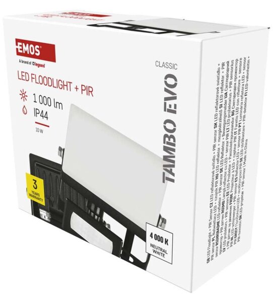EMOS Lighting LED reflektor TAMBO EVO se senzorem pohybu, 10 W, 1000 lm, IP44, černý