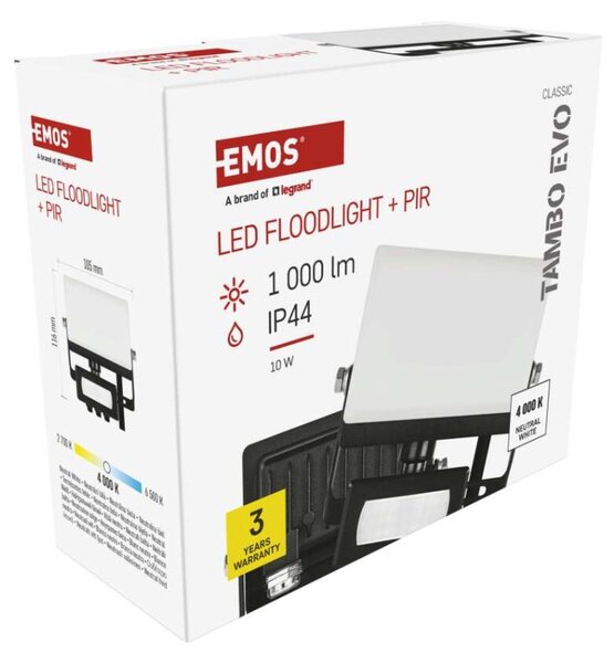 EMOS Lighting LED reflektor TAMBO EVO se senzorem pohybu, 10 W, 1000 lm, IP44, černý