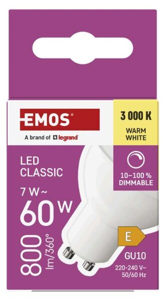 EMOS LED žárovka Classic MR16 / GU10 / 7 W (60 W) / 800 lm / teplá bílá / stmívatelná