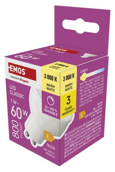 EMOS LED žárovka Classic MR16 / GU10 / 7 W (60 W) / 800 lm / teplá bílá / stmívatelná