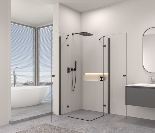 Erga Bern Double, sprchový kout s 2-křídlými dveřmi 70(dveře) x 70(dveře) x 195 cm, 6mm čiré sklo, černý profil, ERG-V02-BERN-D070D070-CL-BK