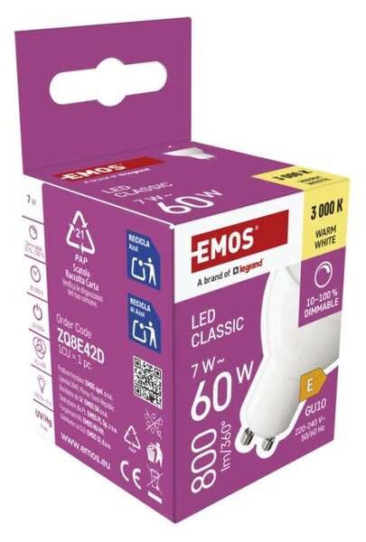 EMOS LED žárovka Classic MR16 / GU10 / 7 W (60 W) / 800 lm / teplá bílá / stmívatelná