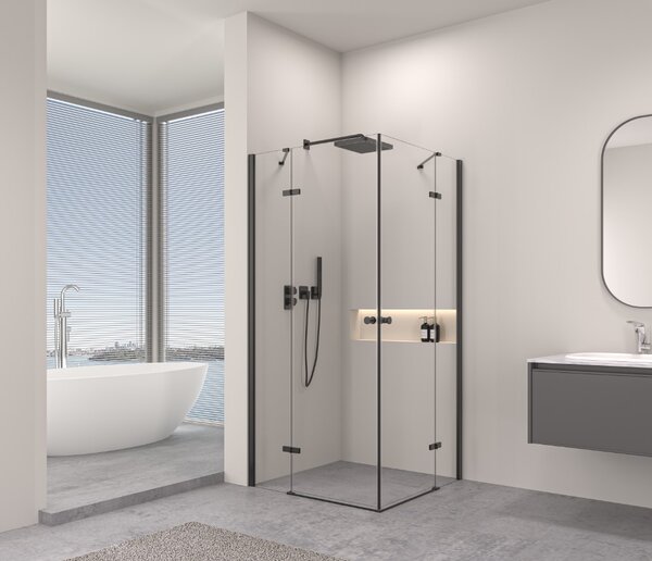Erga Bern Double, sprchový kout s 2-křídlými dveřmi 70(dveře) x 70(dveře) x 195 cm, 6mm čiré sklo, černý profil, ERG-V02-BERN-D070D070-CL-BK