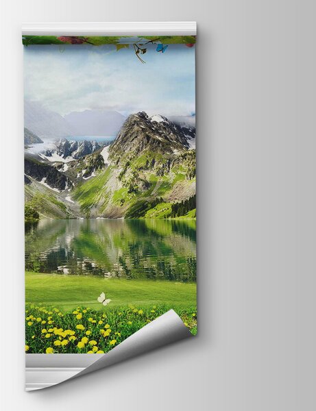 Fototapeta Okno s výhledem na jezero a hory, Fototapety s okny, Populární fototapety, u59842 - Tapeko.co.cz